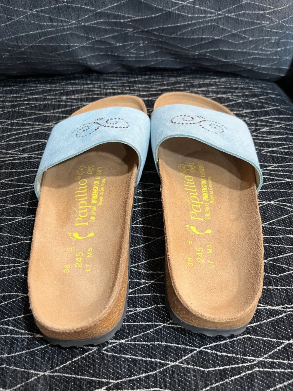 Papillio by Birkenstock Light Blue Slide Sandals with Tan Footbed - Picture 7 of 8